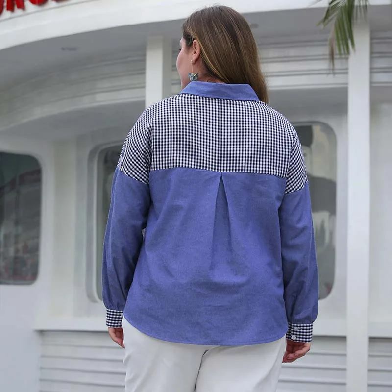 Блузка WHZHM женская джинсовая в клетку свободная винтажная голубая рубашка с