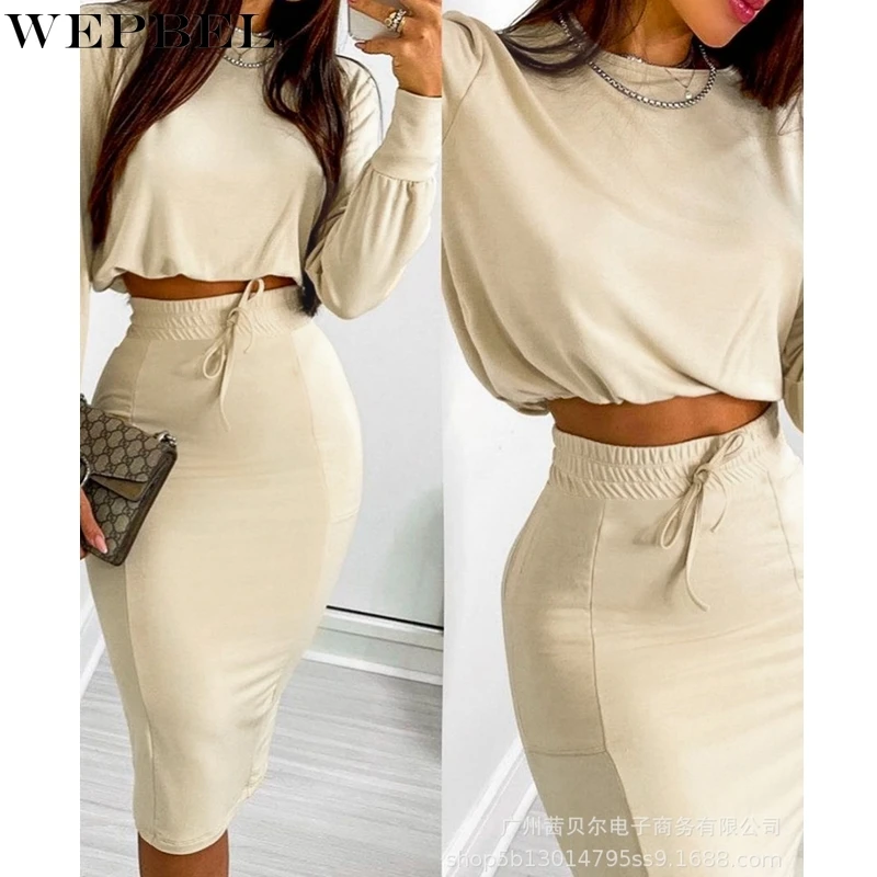 

WEPBEL Autumn Fashion Solid Color Slim Suit Women's Casual Long Sleeve O-Neck T-shirt + Lace-up High Waist Skirt Suit