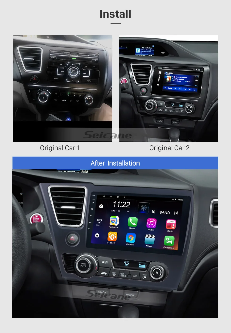 Seicane Android 9,0/8,1 " 2Din GPS автомобильный радиоприёмник для HONDA CIVIC сенсорный экран головное устройство мультимедийный плеер