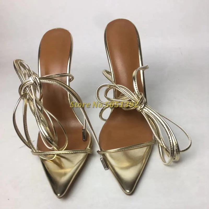 Gold Lace Up Sandals Stilettos High Heel Real Picture Sexy Pointed Toe Ankle Strap Dress Women Shoes Tie Up Sandals Narrow Strap