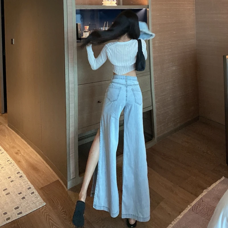 

New 2021 Women Spring Jeans High Waist Casual Trousers Straight Denim Streetwear Wild Split Wide Leg Long Pants