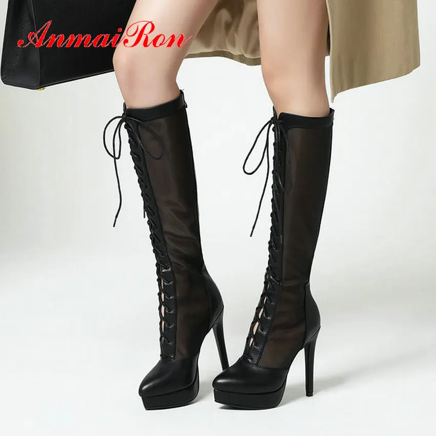 

ANMAIRON Basic Round Toe Knee High Boots Basic Lace-Up Round Toe Thin Heels 2020 Women Shoes Patchwork Women Boots Size 34-43