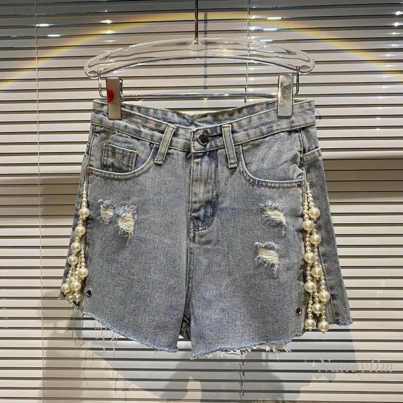 

New Pearl Tassel Frayed Washed Straight Denim Shorts for Woman Ripped Holes Village Hot Pants Summer 2021 Nancylim