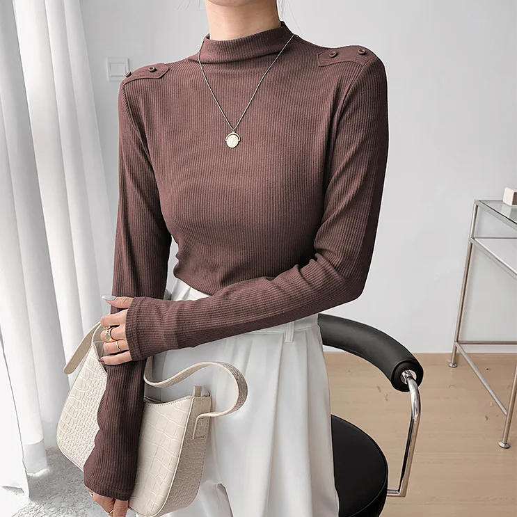 

New Autumn Winter Half High Neck Long Sleeve Slim T-shirt Women Casual Screw Thread Cotton Female Top Basic Ladies Tees