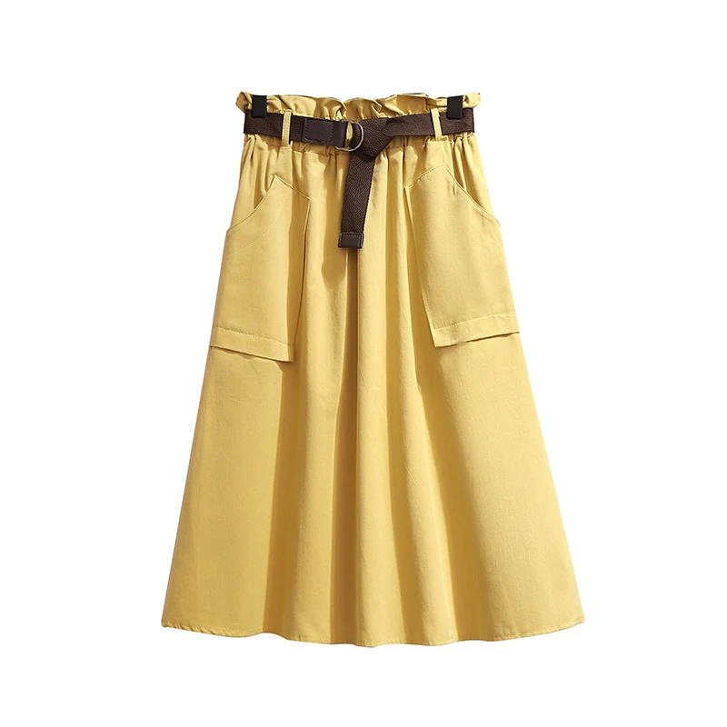 Женская эластичная юбка трапециевидной формы с завышенной талией и поясом