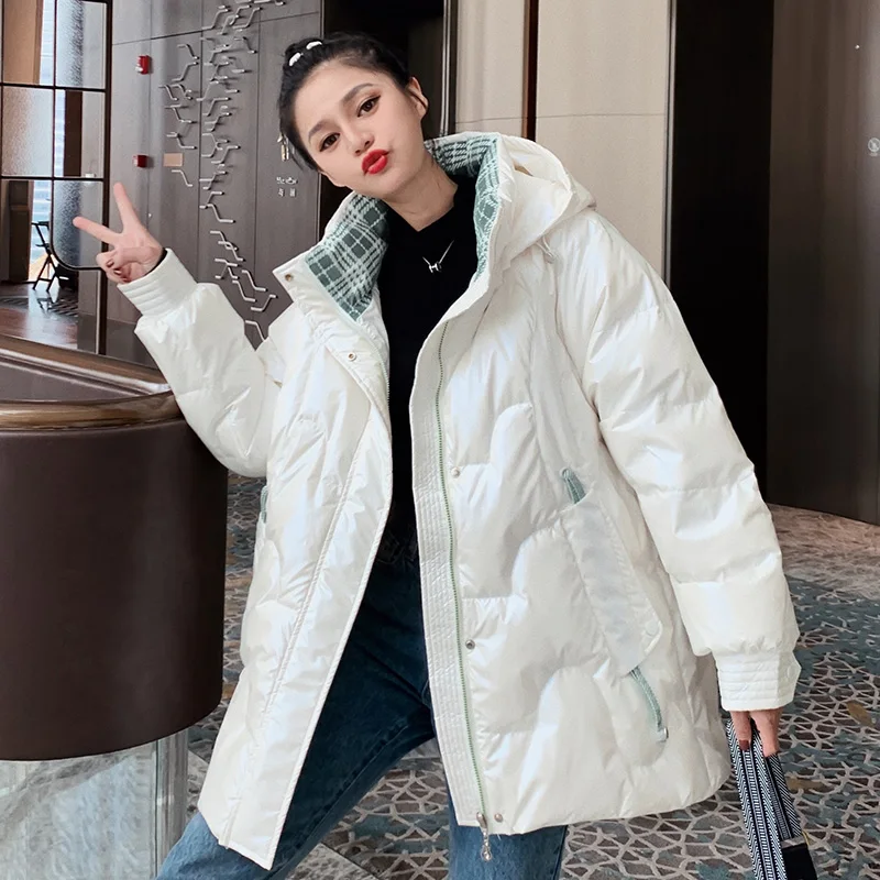 

FTLZZ New Winter Women Snow Jacket Fashion Hooded Zipper 90% White Duck Down Coat Casual Loose Thick Warm Solid Color Outwear