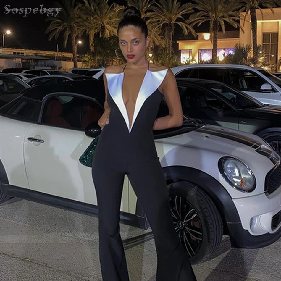 

Сексуальный женский комбинезон без рукавов с глубоким V-образным вырезом, Черный Модный комбинезон с лямкой на шее и открытой спиной для ночного клуба, Новое поступление 2021