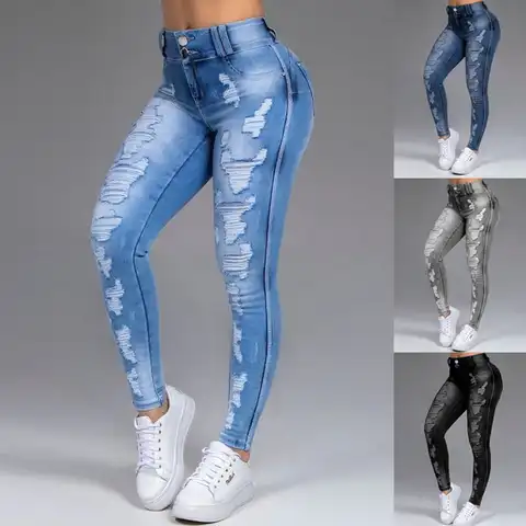 Ripped Jeans Woman High Waisted Pants Aesthetic Female Streetwear Vintage Clothing Blue Denim Hollow Out Skinny Trousers Girls