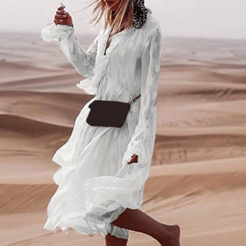 Элегантное белое платье Осеннее модное с принтом расклешенное длинными рукавами