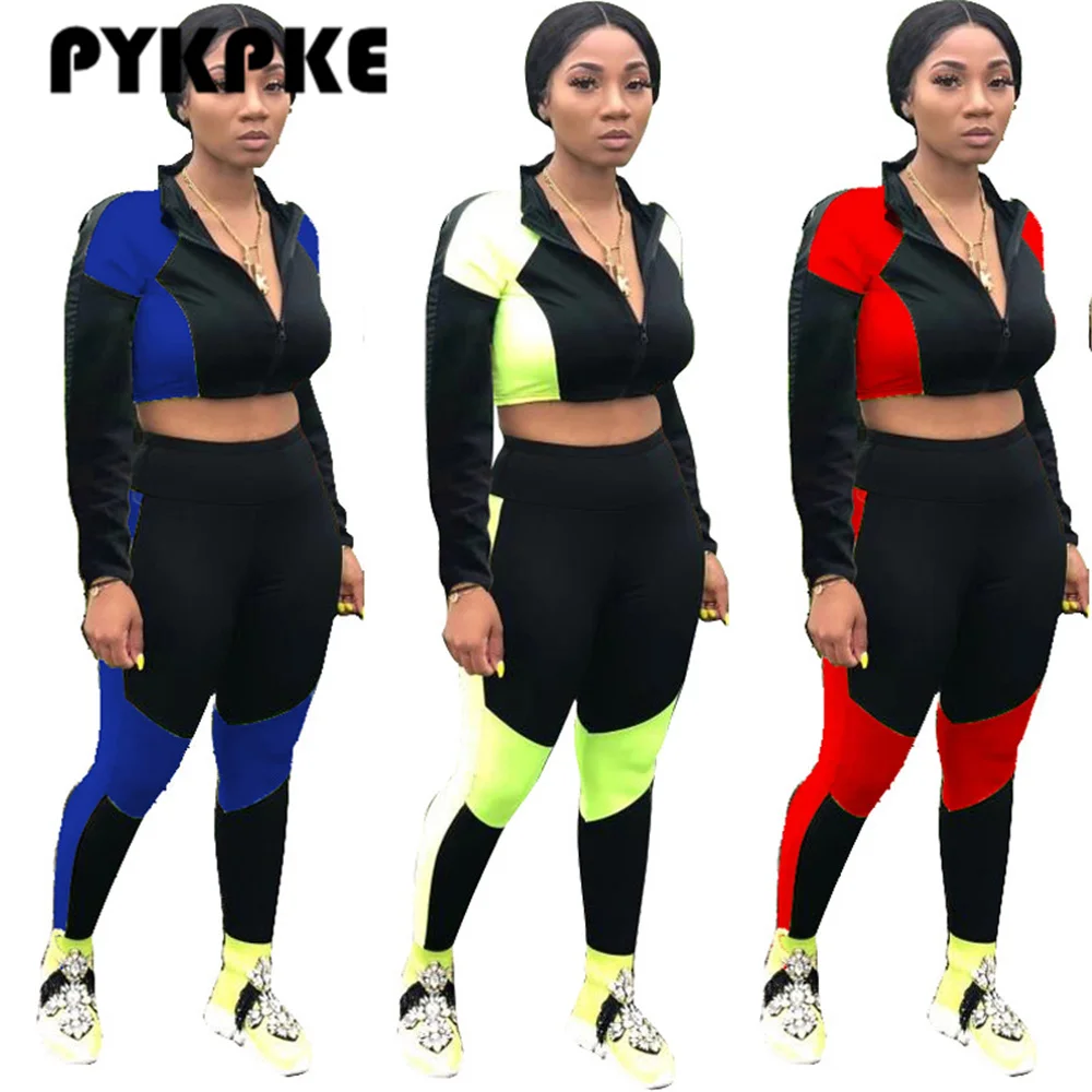 

Women Sets Tracksuits Zipper Crop Top Skinny Pants Patchwork Color Two Piece Suit Casual Sportswear Suit