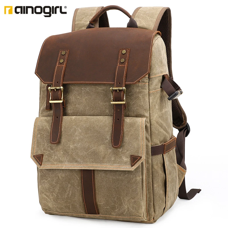 

AINOGIRL camera bag leather canvas anti-theft professional detachable camera bag retro double shoulder SLR backpack outdoor bag
