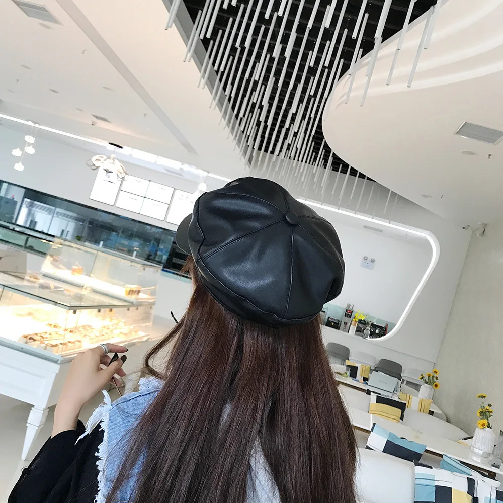 Осенне зимний берет H7501 мужской и женский из искусственной кожи корейский