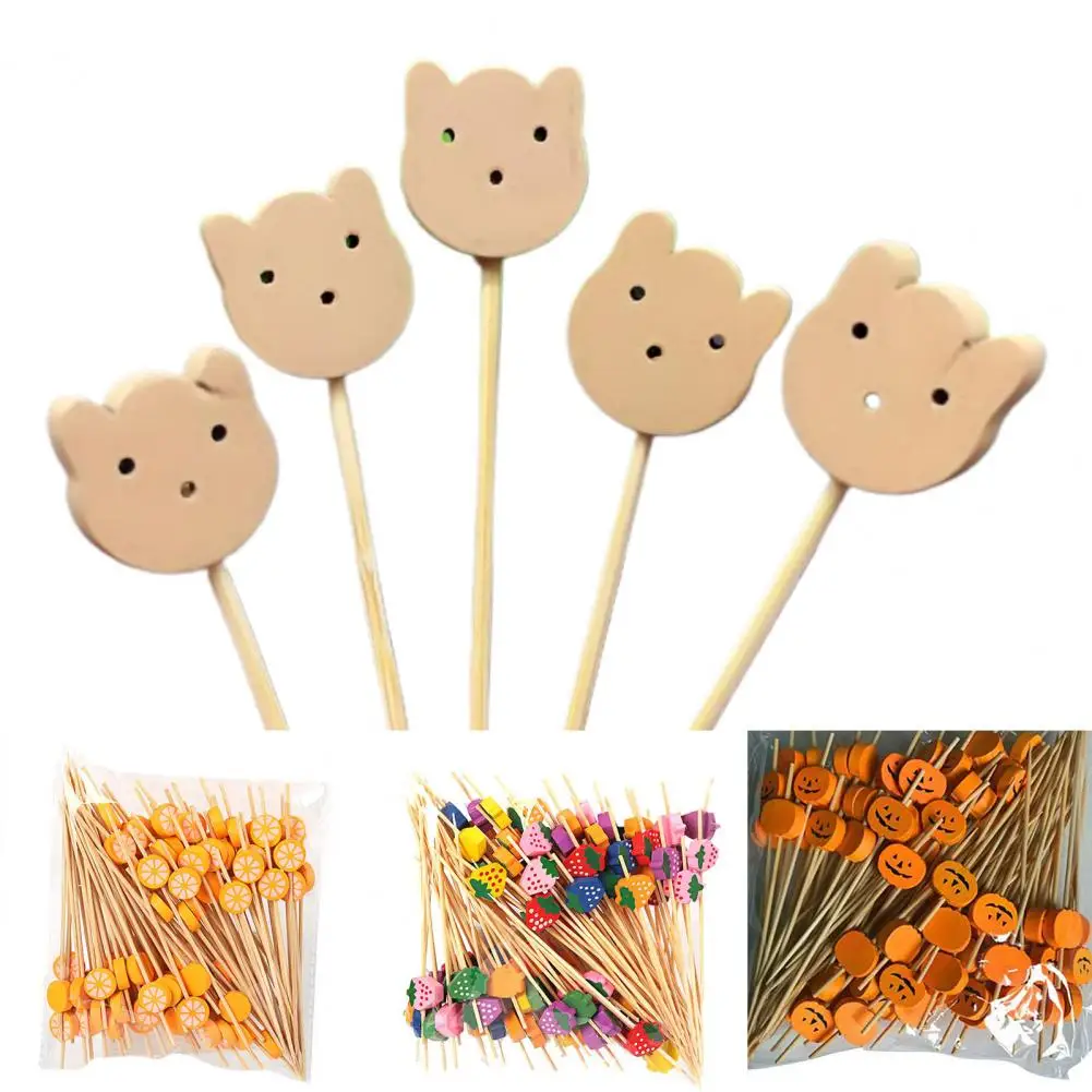 

Bamboo 100Pcs Sturdy Cute Cartoon Pattern Fruit Toothpick 5 Colors Fruit Pick Portable for Cake
