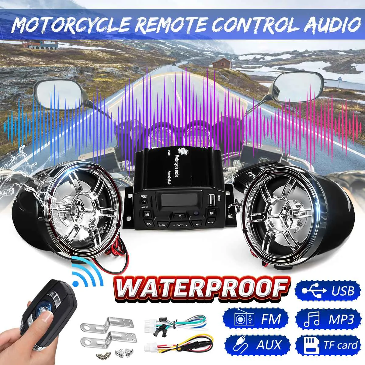 Мотоцикл аудио звуковая система FM Радио стерео USB TF MP3 плеер колонки, сдистанционным управлением водонепроницаемый Скутер ATV Универсальный