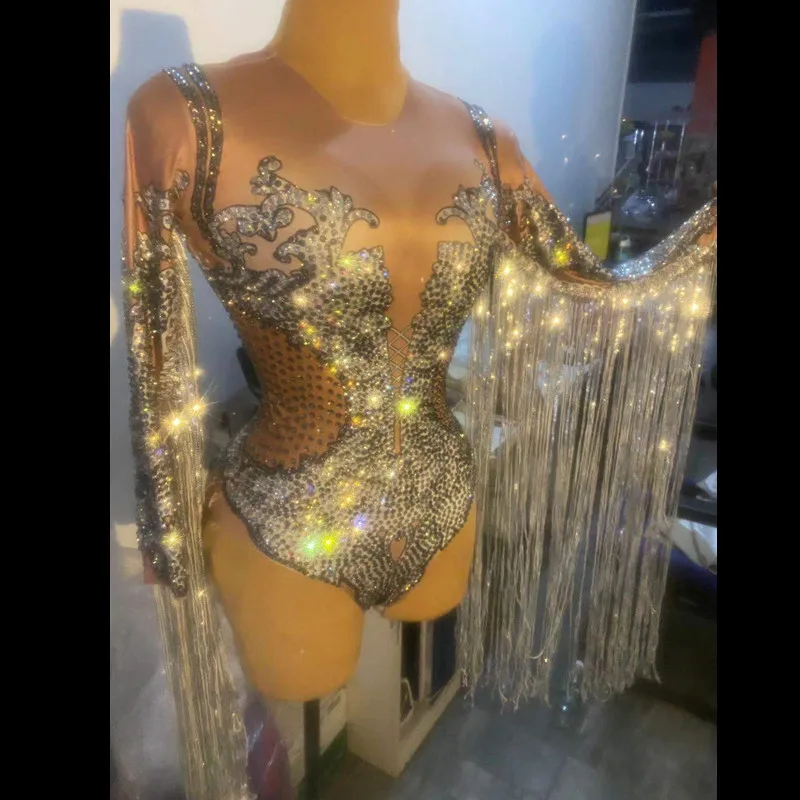 Silver Rhinestones Sequins Tassel Bodysuit Women DJ Singer Nightclub Gogo Costume Crystals Fringes Tights Stage Elastic Leotard