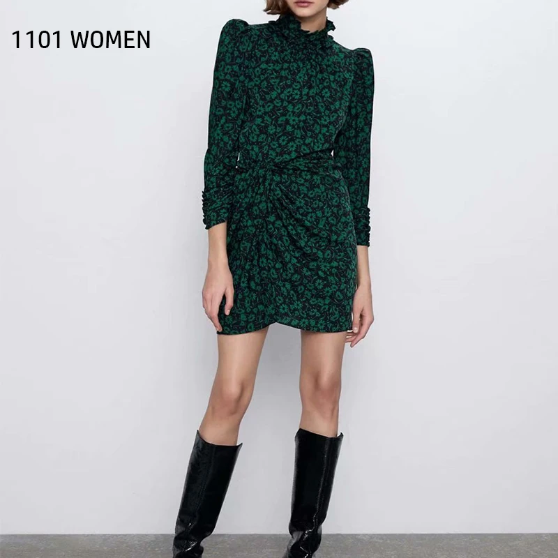 ZA Новое весеннее женское зеленое платье с цветочным принтом и рукавами