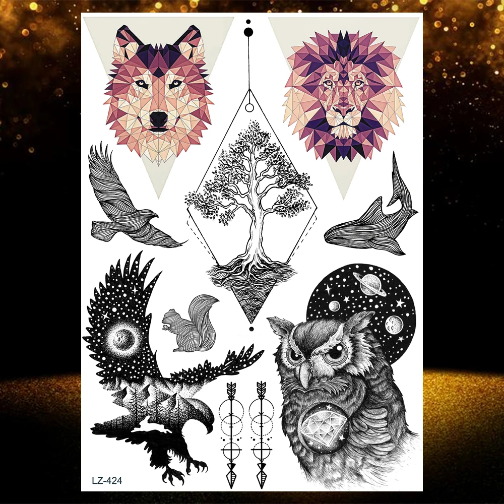 

Black Universe Fake Temporary Tattoos For Women Men Armband Wolf Tattoo Sticker Mountain Body Art Geometric Forest Tatoo Beauty