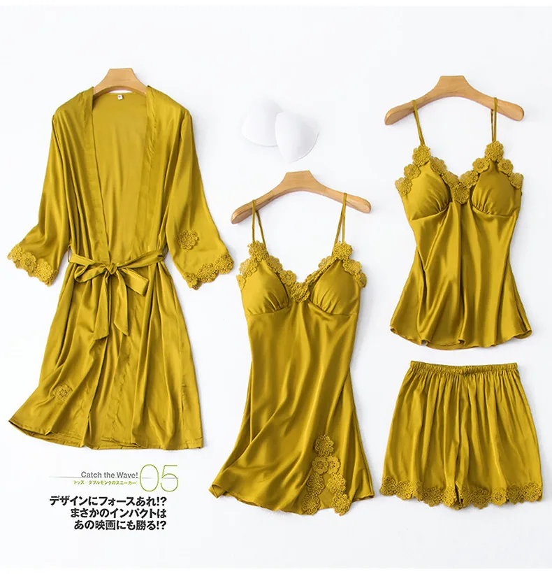 

Satin Sexy Sleepwear Two Pieces Set Women Robe Summer Kimono Bathrobe Gown Nightgown Lace Trim Intimate Lingerie With Pads