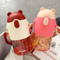 cute bear big capacity water bottle with straw strap plastic portable sport transparent kawaii drinking bottle for children girl