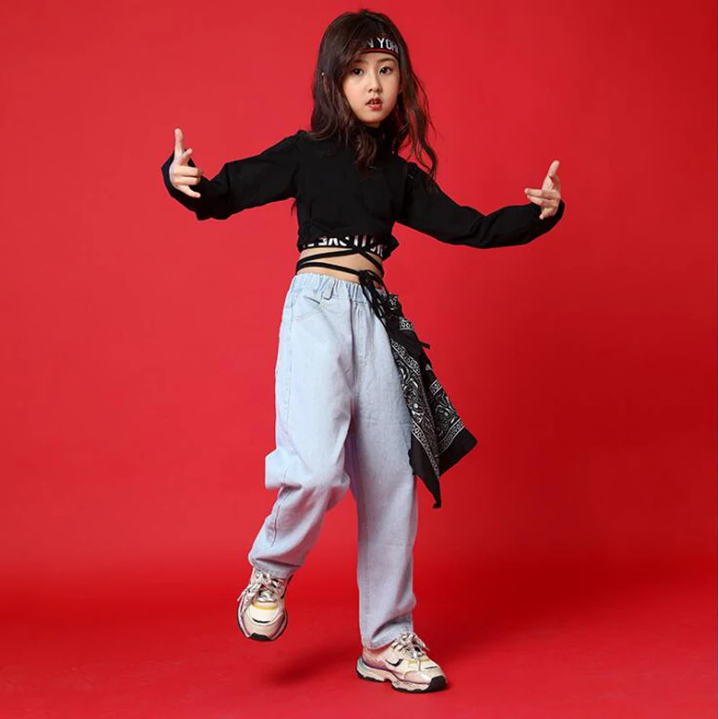 Детская одежда для выступлений в стиле хип хоп черная укороченная толстовка