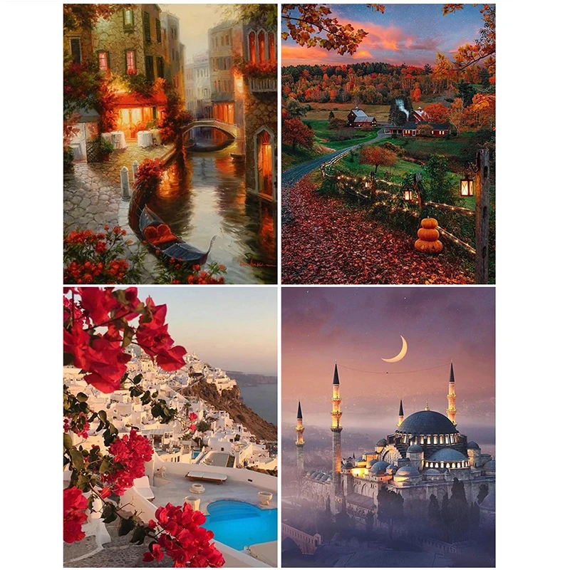 

5D Diy Diamond Embroidery Mosaic Tourist Town Scenery Paintings Rhinestone Landscape Picture Wall Art Poster Home Decoration