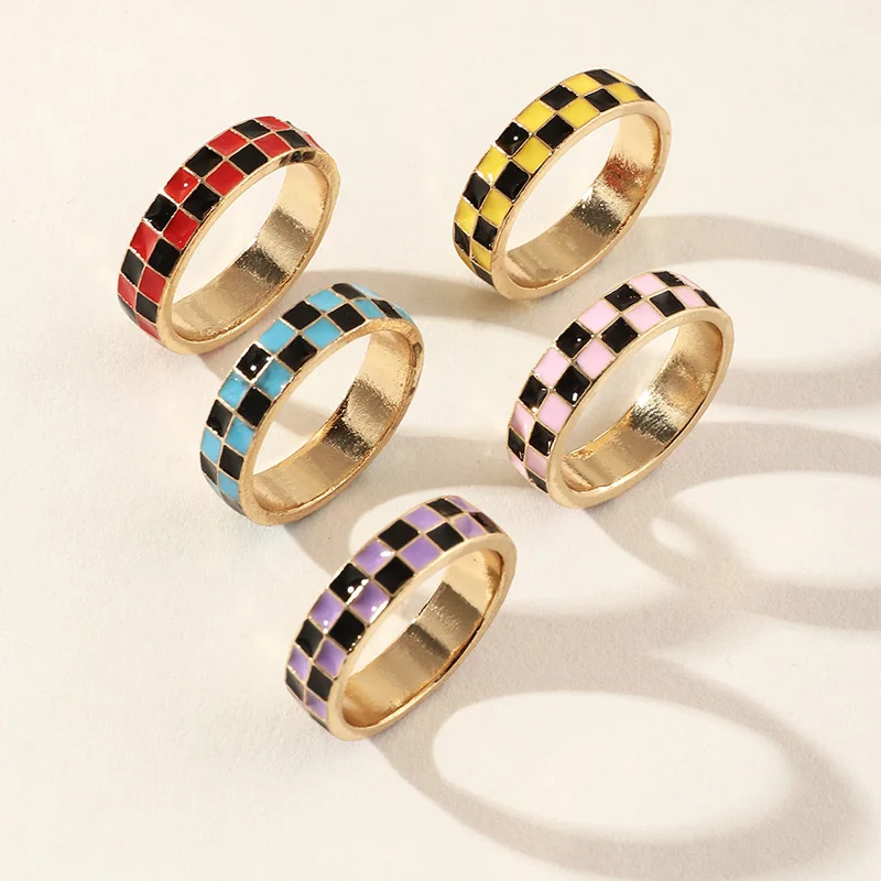 

New Ins Creative Checkered Ring Vintage Drop Oil Geometric Enamel Rings For Women Girls Fashion Jewelry Gift