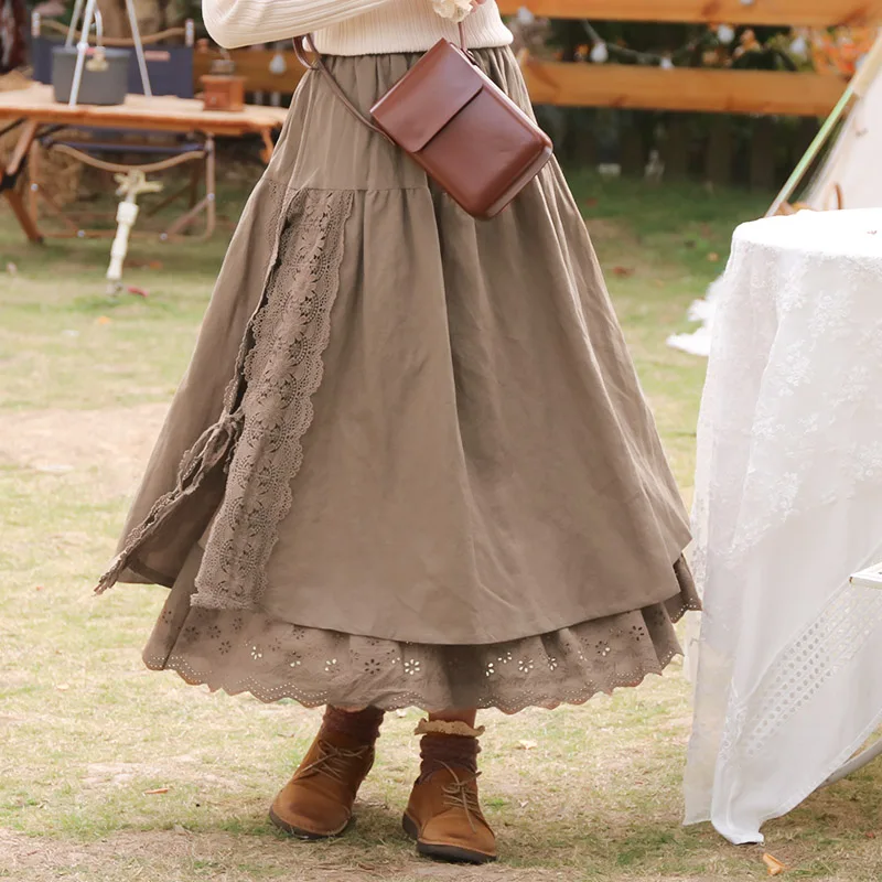 

Women's Skirts Mori Girl Vintage Linen Lace Embroidery Princess French Style Lolita Cute Maxi Skirt Saia Boutique