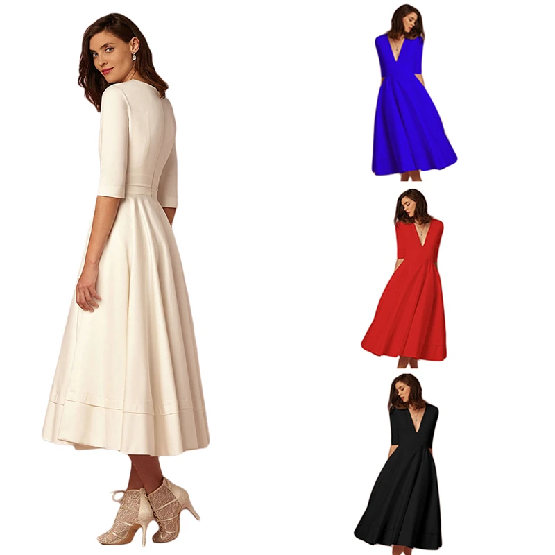 

Elegant V-neck Solid Midi Dress For Women Half Sleeve Slim Winter Party Vestidos De Spring A-line Dresses 2021
