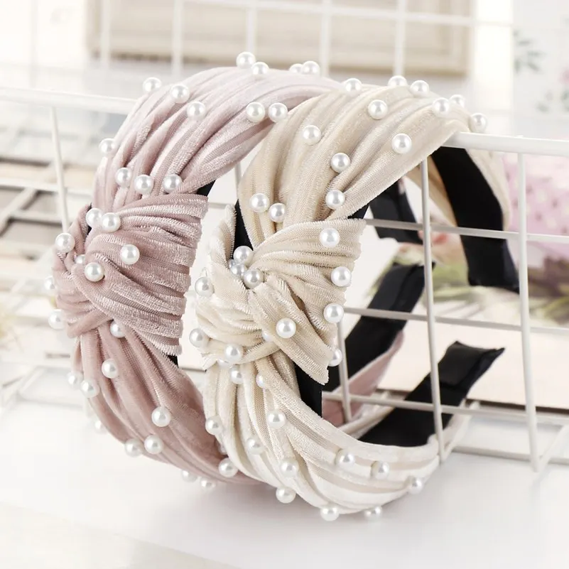 Женские бархатные повязки с узелком и белым жемчугом широкие обручи для волос