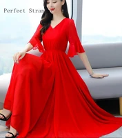2021 summer new arrival high quality hot sale m 4xl round collar flare sleeve solid color women long chiffon dress
