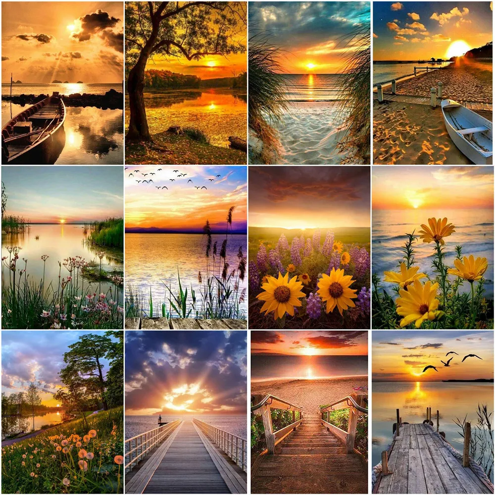 

AZQSD DIY алмазная живопись озеро восход солнца мозаичные камни в форме ромба дрель ручной Алмазная вышивка продажи цветок лодка домашний деко...