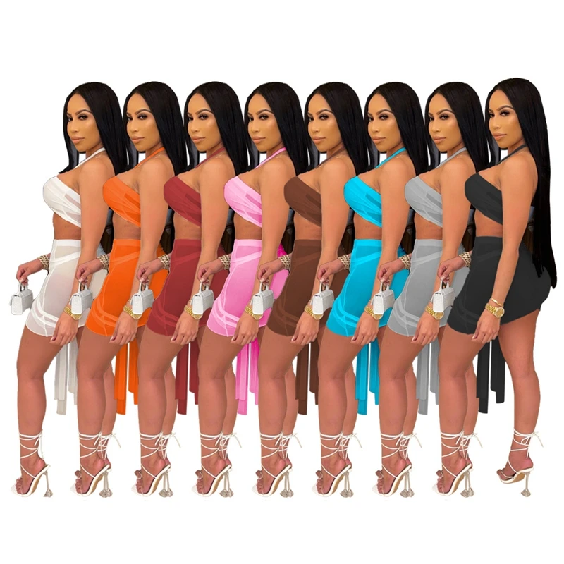 

TNNAOFF Sexy Mesh Sheer Two Piece Set for Women Sling Tube Top 2021 Fashion Bandage Mini Skirt Suits Vacation Club Matching Sets