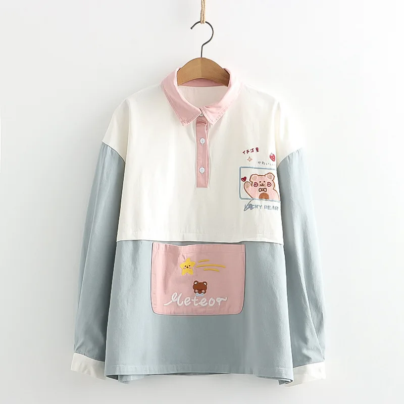 

Women Japanese Sweet Cute Cartoon Embroidery Long Sleeve Loose Hoodies Girl Polo Collar Patchwork Pullovers Kawaii Outwear Coat