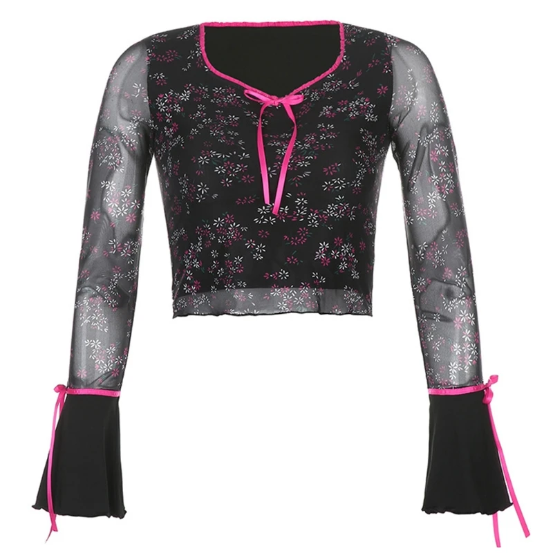 

Women Ruffles Flare Long Sleeve T-Shirt Sexy V-Neck Lace Up Floral Mesh Crop Top