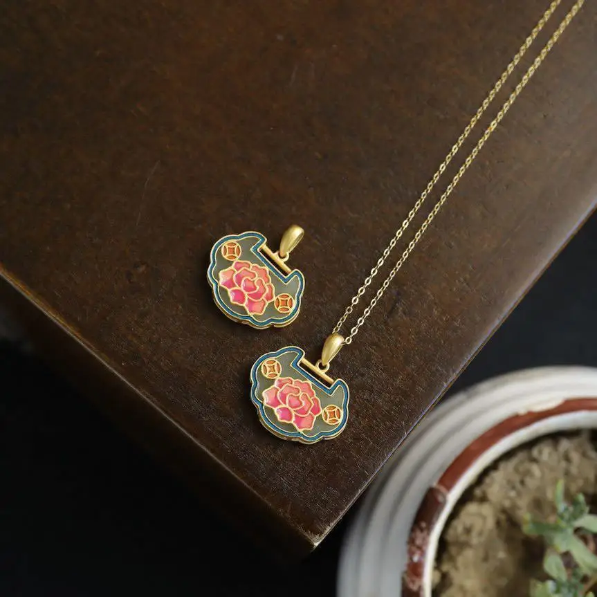

Original Retro Style Sterling Silver Gilding Inlaid Natural Hetian Jade Lock of Good Wishes Pendant Peony Flower Vintage Coins