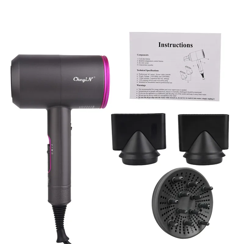 

2019 Negative Ionic Hair Dryer Salon Styling Tools Hairdryer Hot Cold Wind Blow Dryer Fast Straight Hot Air Styler + Nozzles P40