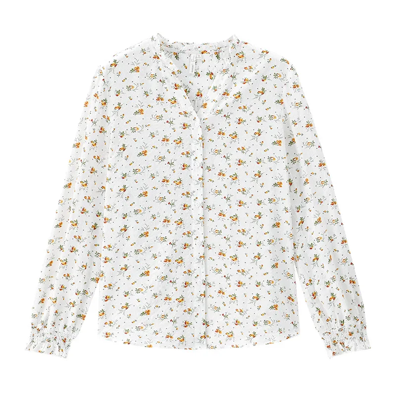 

INMAN 2021 Spring Autumn New Arrivals Women's Fresh Agaric Lace Up Sleeves Delicate Floral Long Sleeve Shirt Seersucker