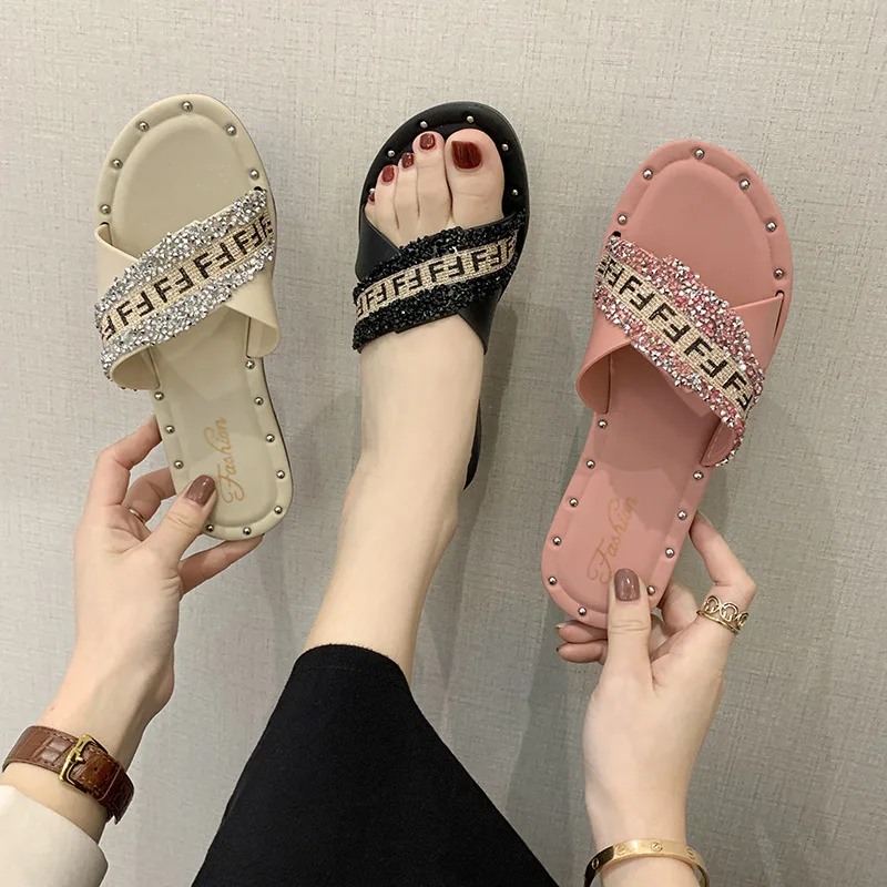 

Summer Women Shoes Slippers Letter Fashion Cross Flat Crystal Rivet Sandals Slides Shoes Woman босоножки женские sandalias mujer
