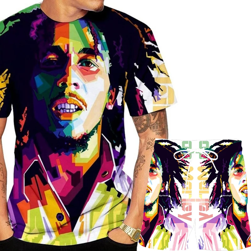 

New Fashion Summer Short Sleeve and Shorts Casual Set Men Bob Marley 3D Printed T-shirt Shorts Sport Suit Outdoor Clothes