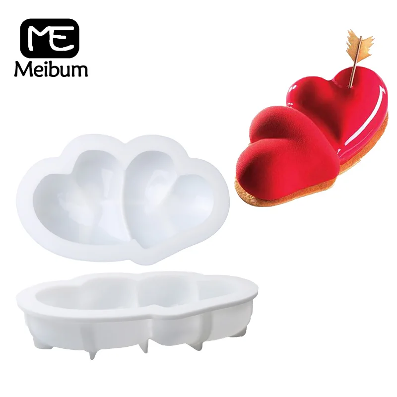 

Meibum Double Heart Shape Silicone Mousse Cake Mold Valentine's Day French Dessert Mould Fondant Pastry Decorating Baking Tools