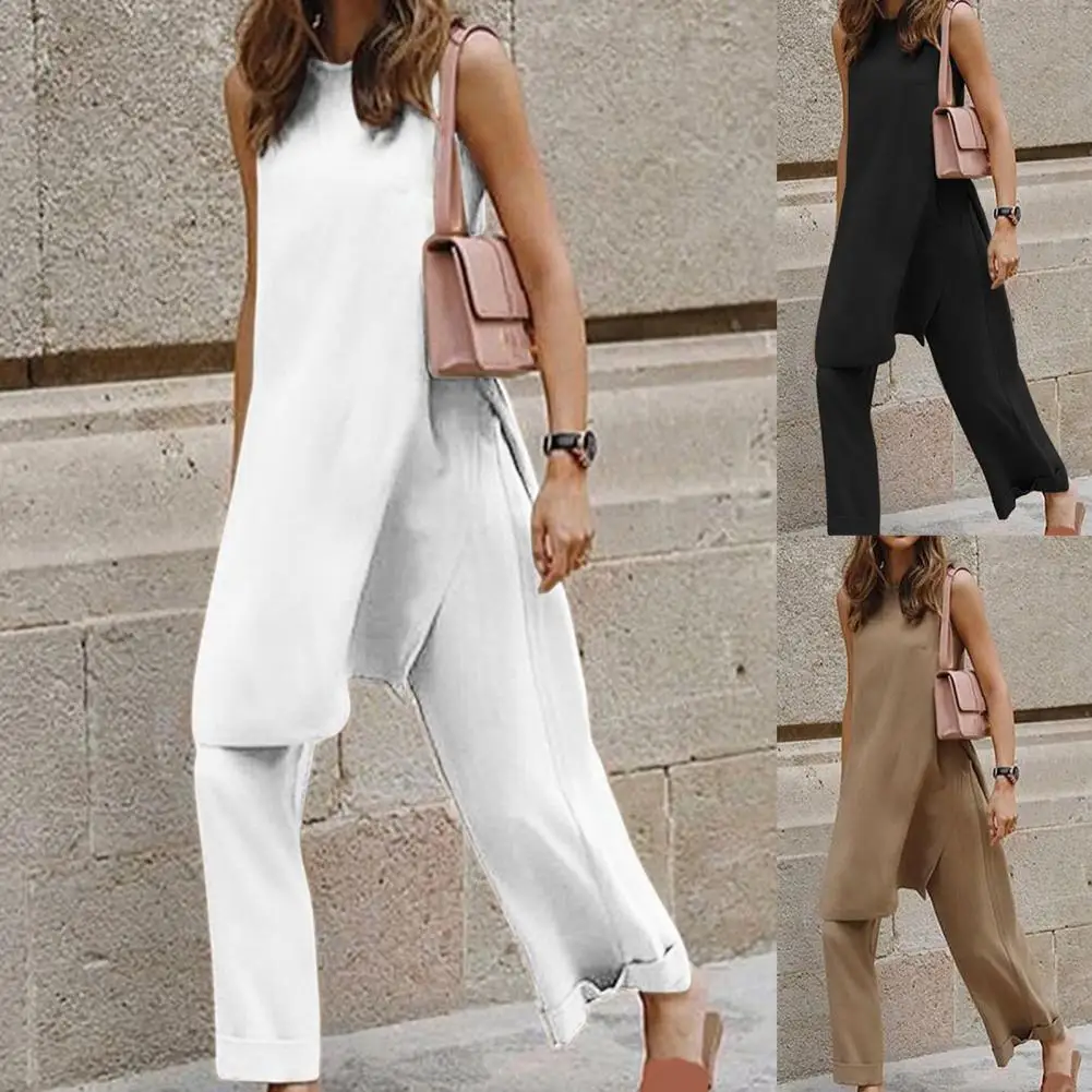 

Female Sleeveless Round Neck Blouse Wide Leg Pants Set Solid Color Women Split Top Straight Pants Sets for Work костюм женский