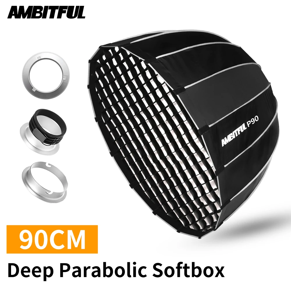 Портативный параболический софтбокс AMBITFUL P90 90 см 16 стержней с сотовой сеткой для