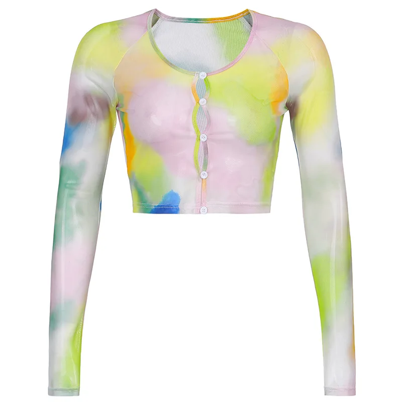 

Fashion See-through Mesh Gradient-breasted Split Long-sleeved T-shirt Top Women 2021 New
