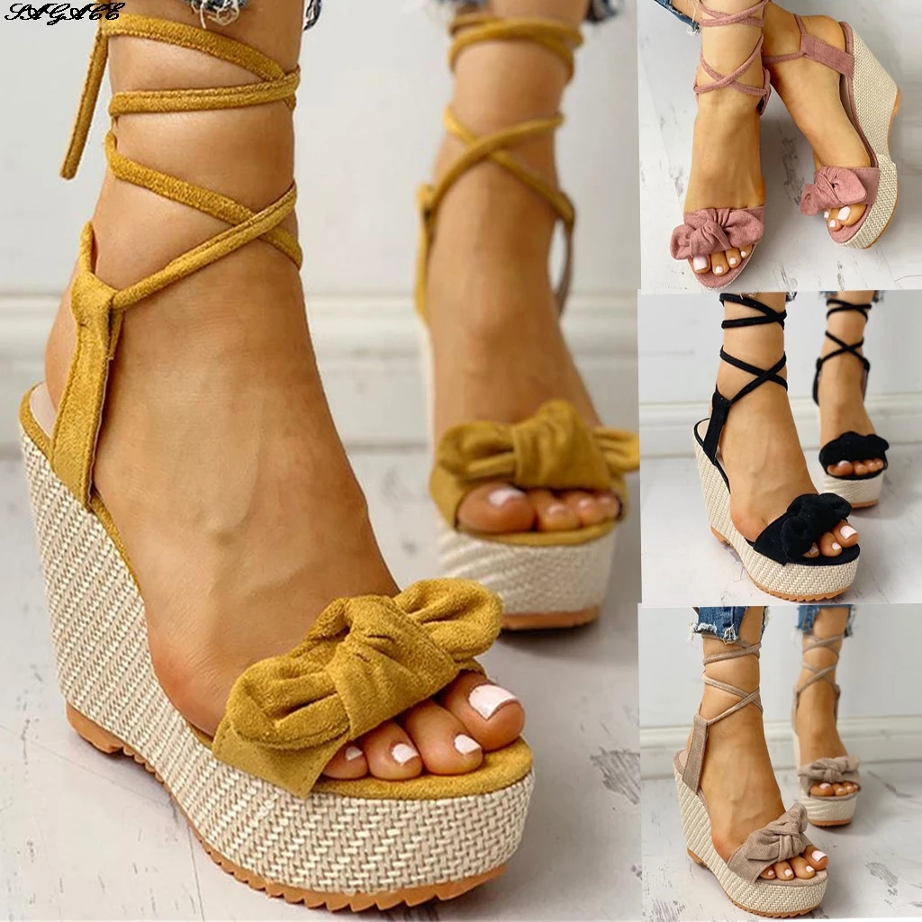 

SAGSCE New Wholesale Wedges Shoes High Heels Casual Platform Fashion Sweet Bow Summer Ankle-wrap Women Shoes Woman Sandals