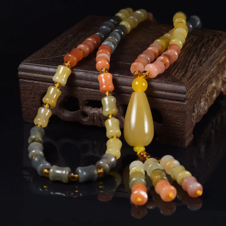 

Natural Colorful Jades Necklace Sweater Chain Women Fashion Charms Jewellery Real Chinese Colored Golden Silk Jade Chokers Gifts