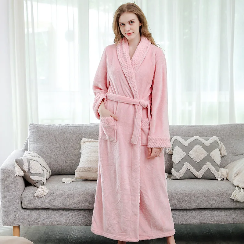 Women no hood Pink Теплый фланелевый Халат с капюшоном для женщин и мужчин, очень длинный теплый зимний банный халат, халат для подружки невесты - Цвет: Women no hood Pink