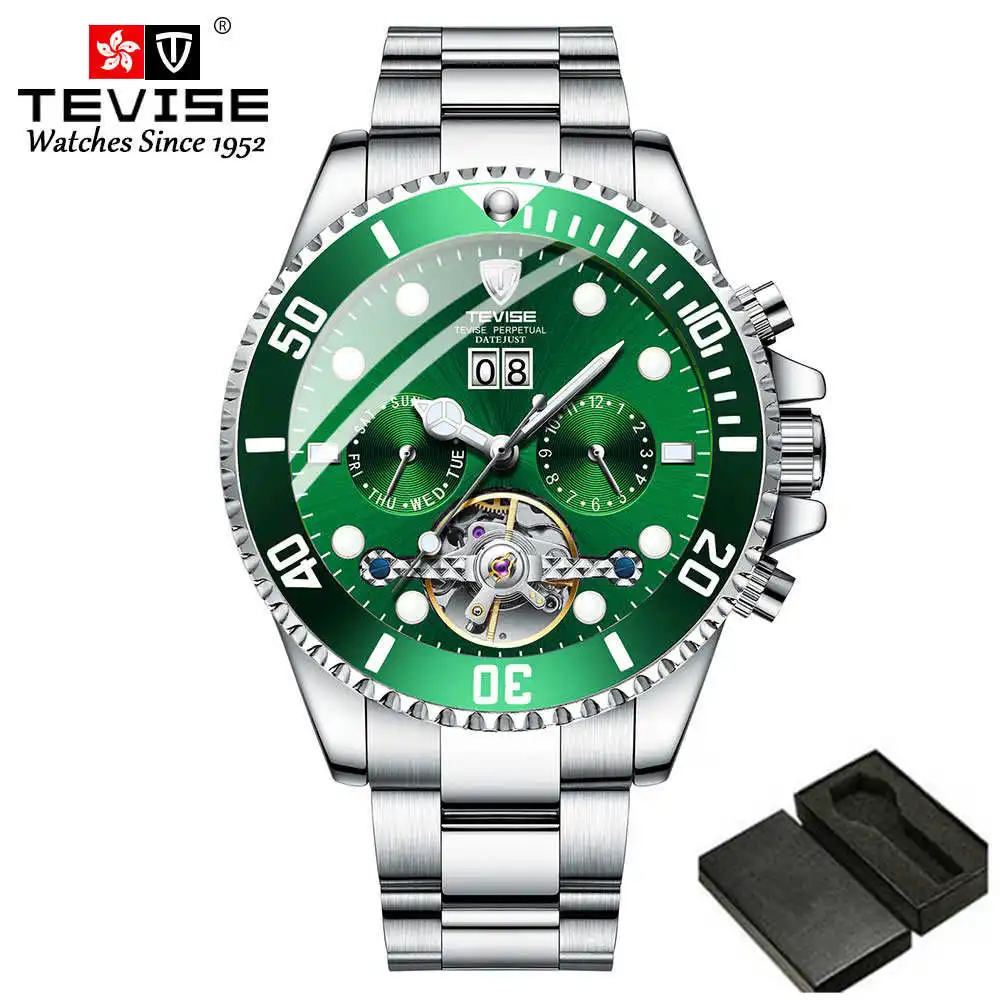 silver green box TEVISE Топ люксовый бренд для мужчин нержавеющая сталь Скелет часы для мужчин водонепроницаемый автоматические механические наручные часы Relogio Masculino - Цвет: silver green box