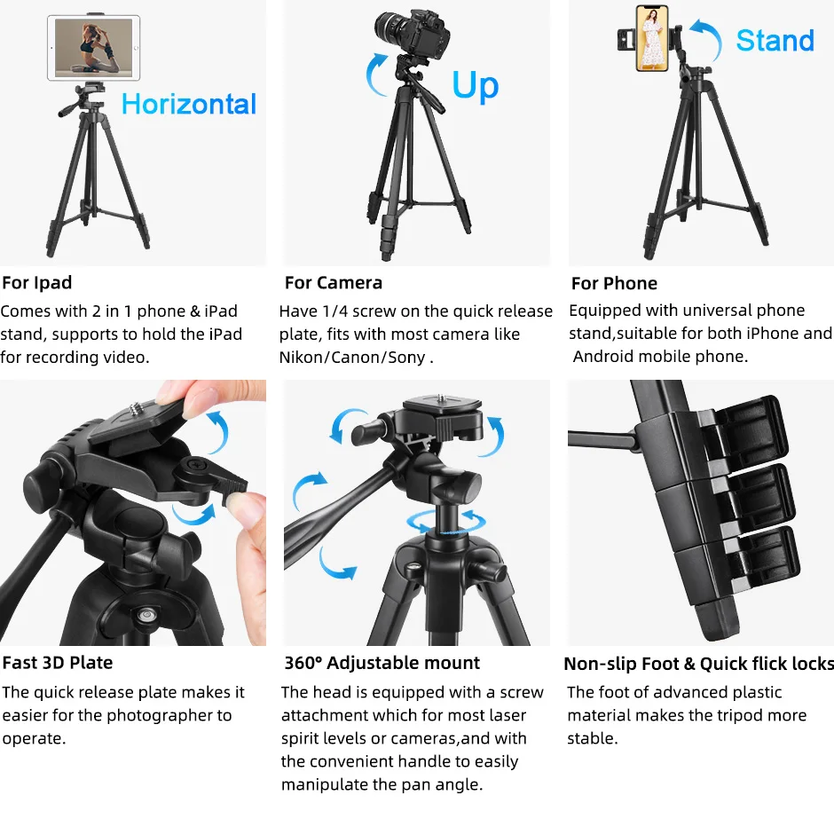 Camera Tripod for iPad Pro &amp Mobile Phone 150cm Alloy Stand Lightweight Bluetooth Remote Tablet Holder E-Book | Электроника