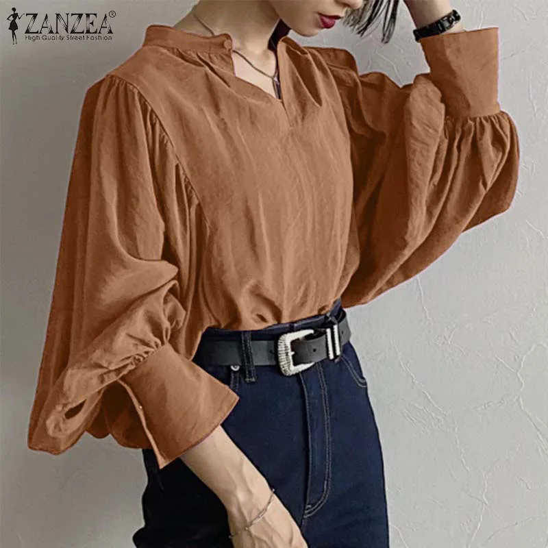 

Spring Full Sleeve Casual Shirts Solid Holiday Fashion Work Ladies Loose Elegant Tops 2022 ZANZEA Women Simple Round Neck Blouse