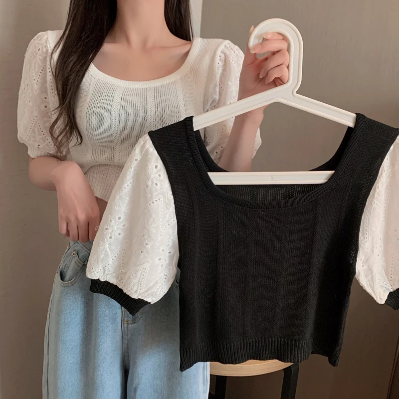 

Alien Kitty 2021 New Summer Sweet Girls Chic Casual Loose All Match Femme Blouses Office Lady Hollow Out Shirt Short Solid